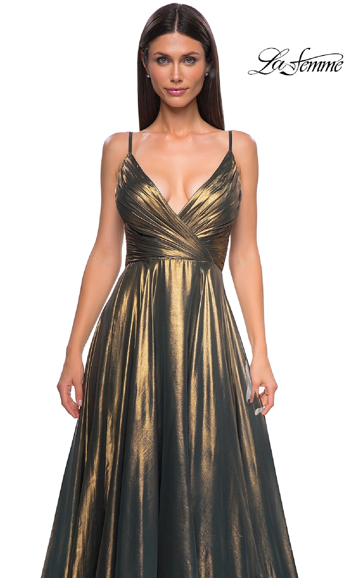 Woman wearing the Long Metallic Chiffon Prom Dress La Femme 32864 with spaghetti straps and a deep V-neckline, posing against a plain white background.
